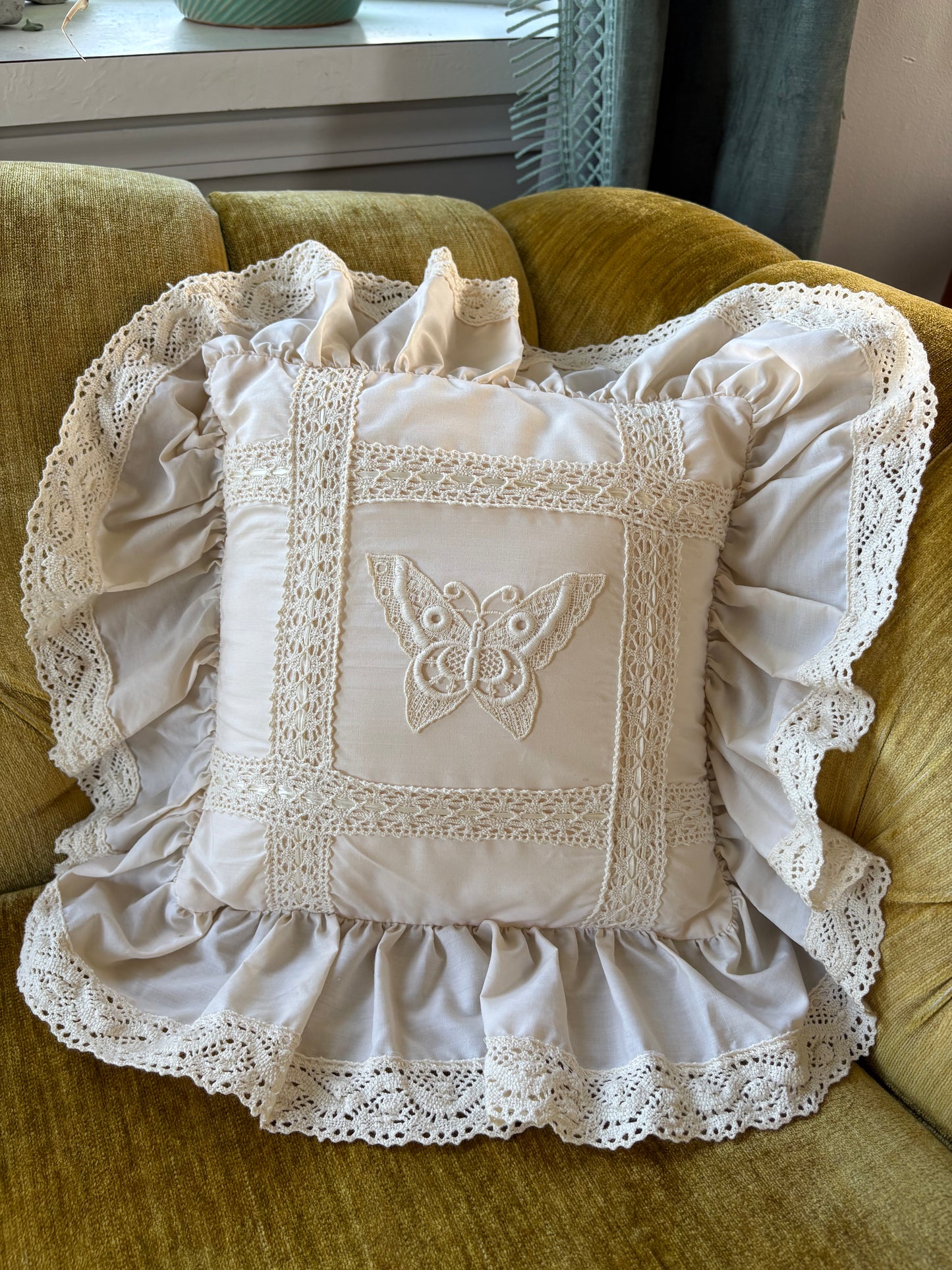 Ruffled Throw Pillow with Butterfly Embroidery