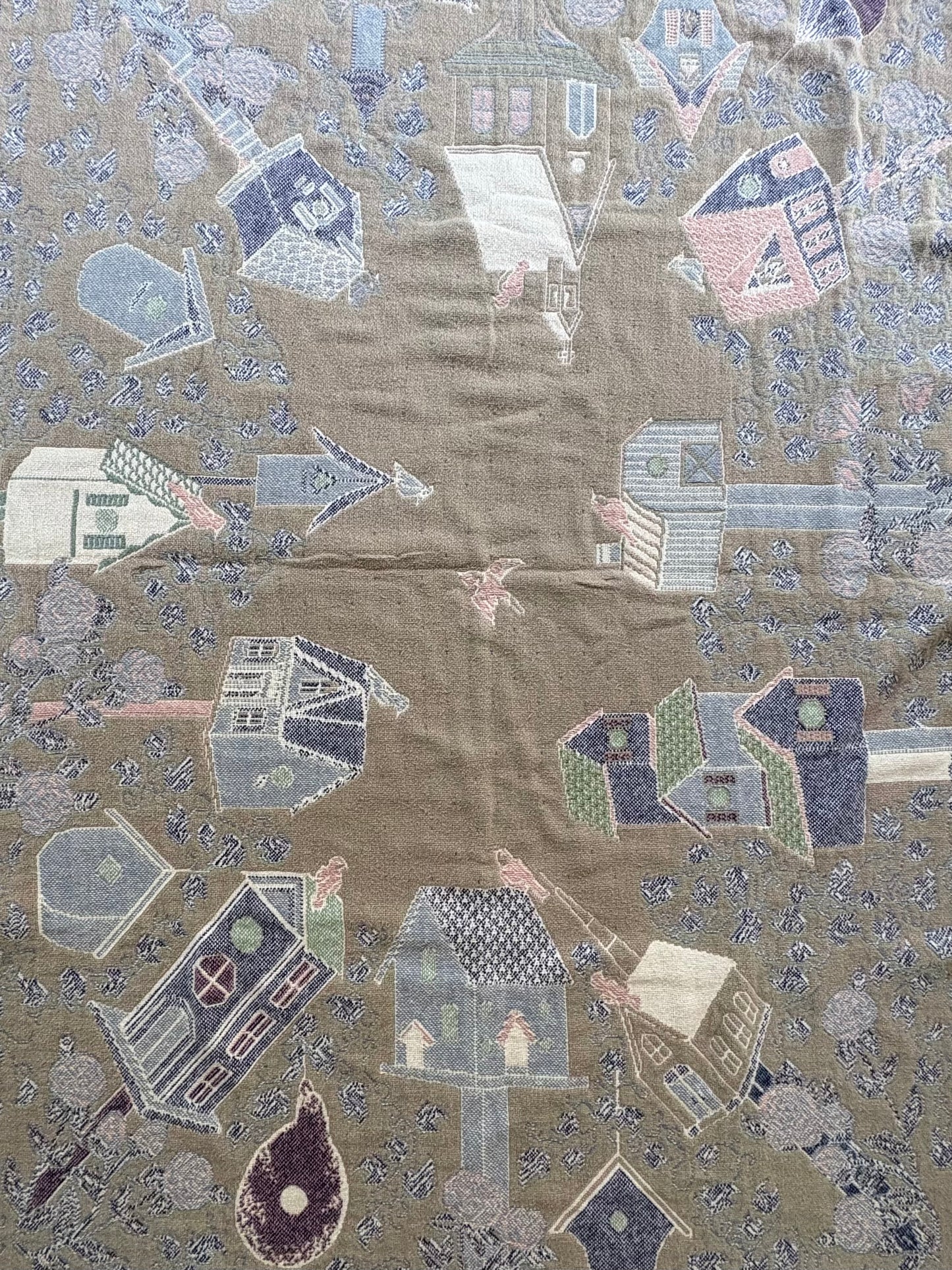 Woven Tapestry Throw Blanket with Birdhouses