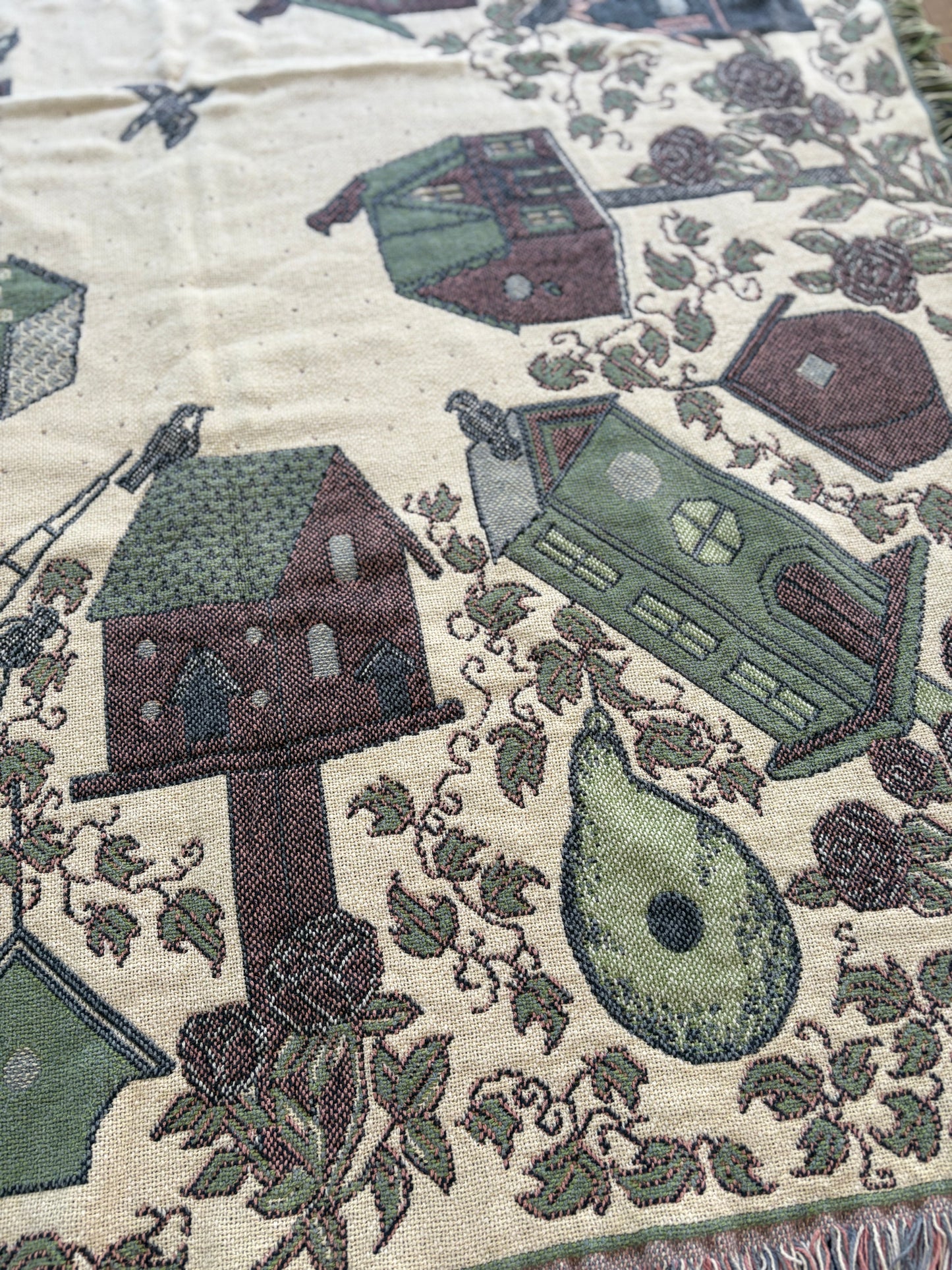 Woven Tapestry Throw Blanket with Birdhouses
