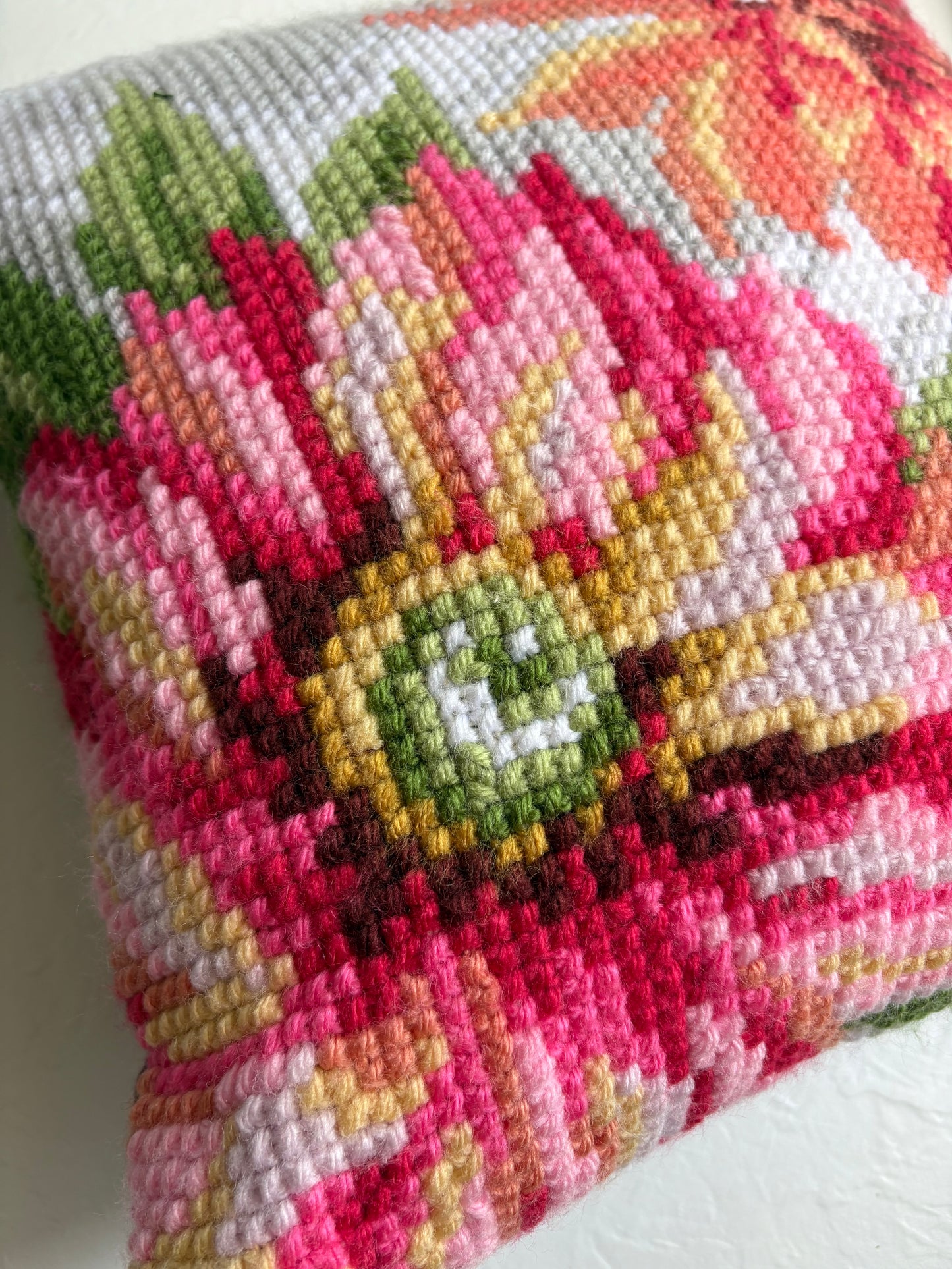 Handmade Needlepoint Dahlia Pillow