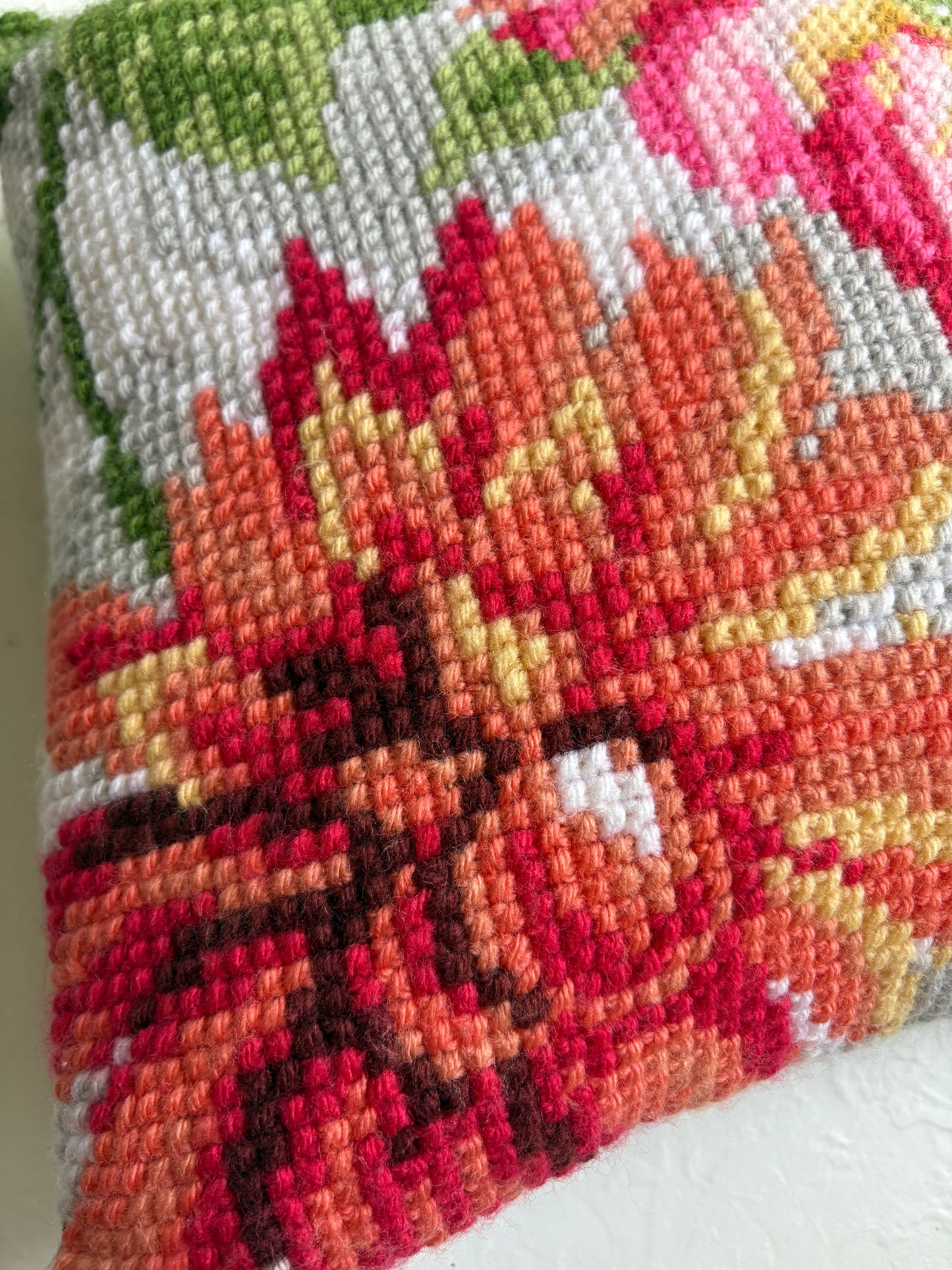Handmade Needlepoint Dahlia Pillow