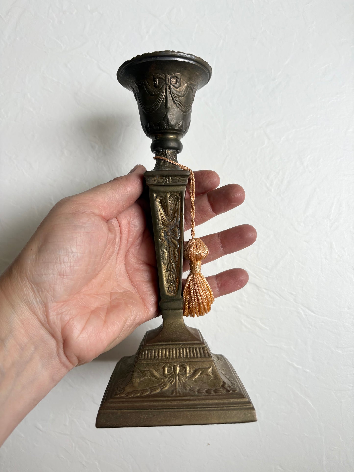 Ornate Brass Candlestick with Bow Detail