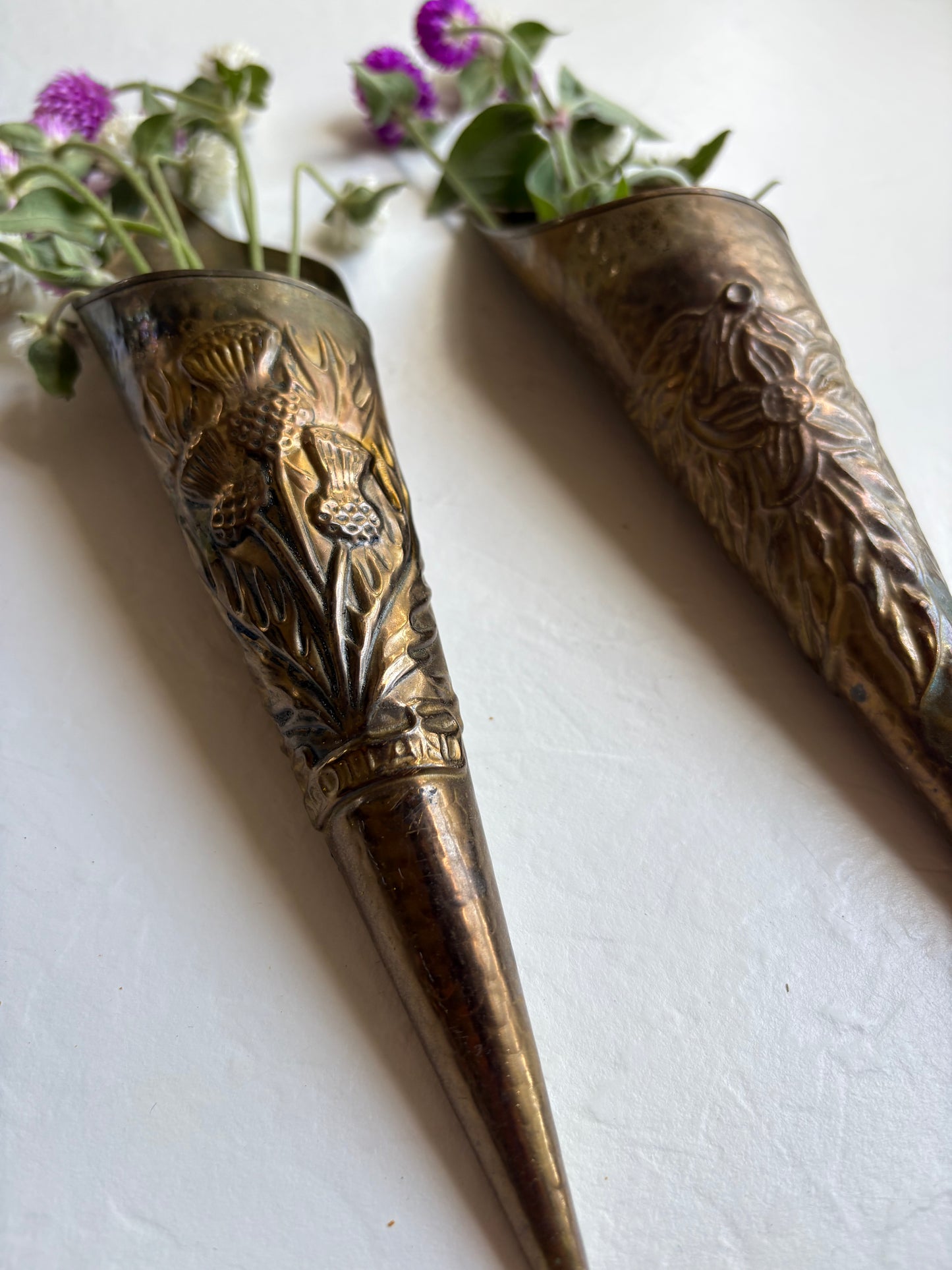 Hammered Brass Wall Vases with Floral Motif