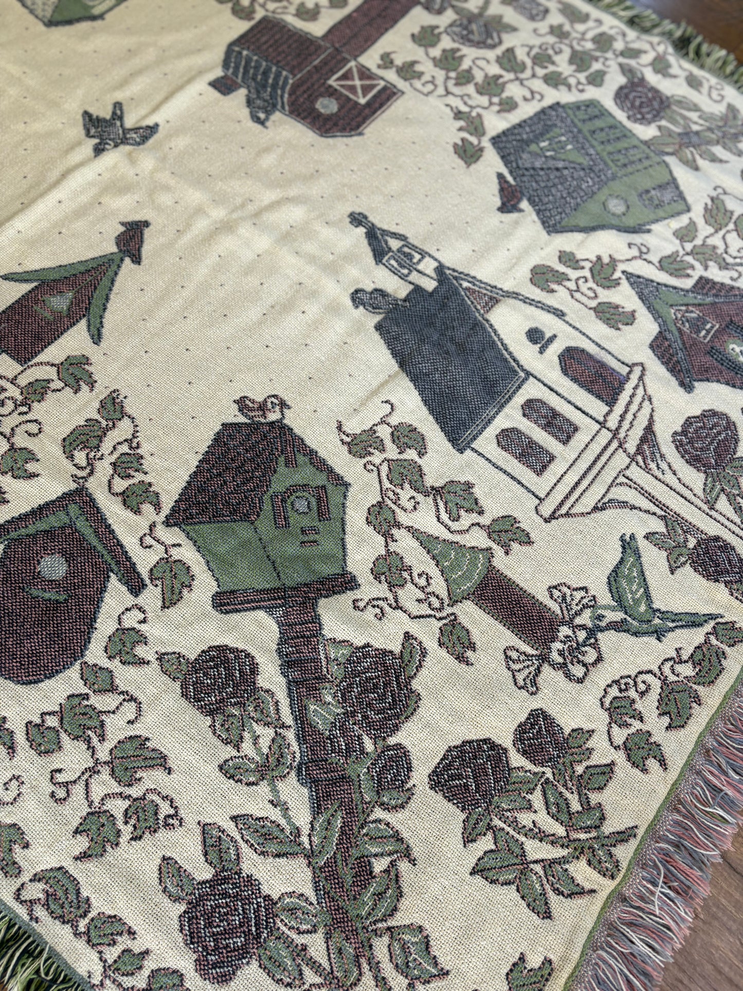 Woven Tapestry Throw Blanket with Birdhouses