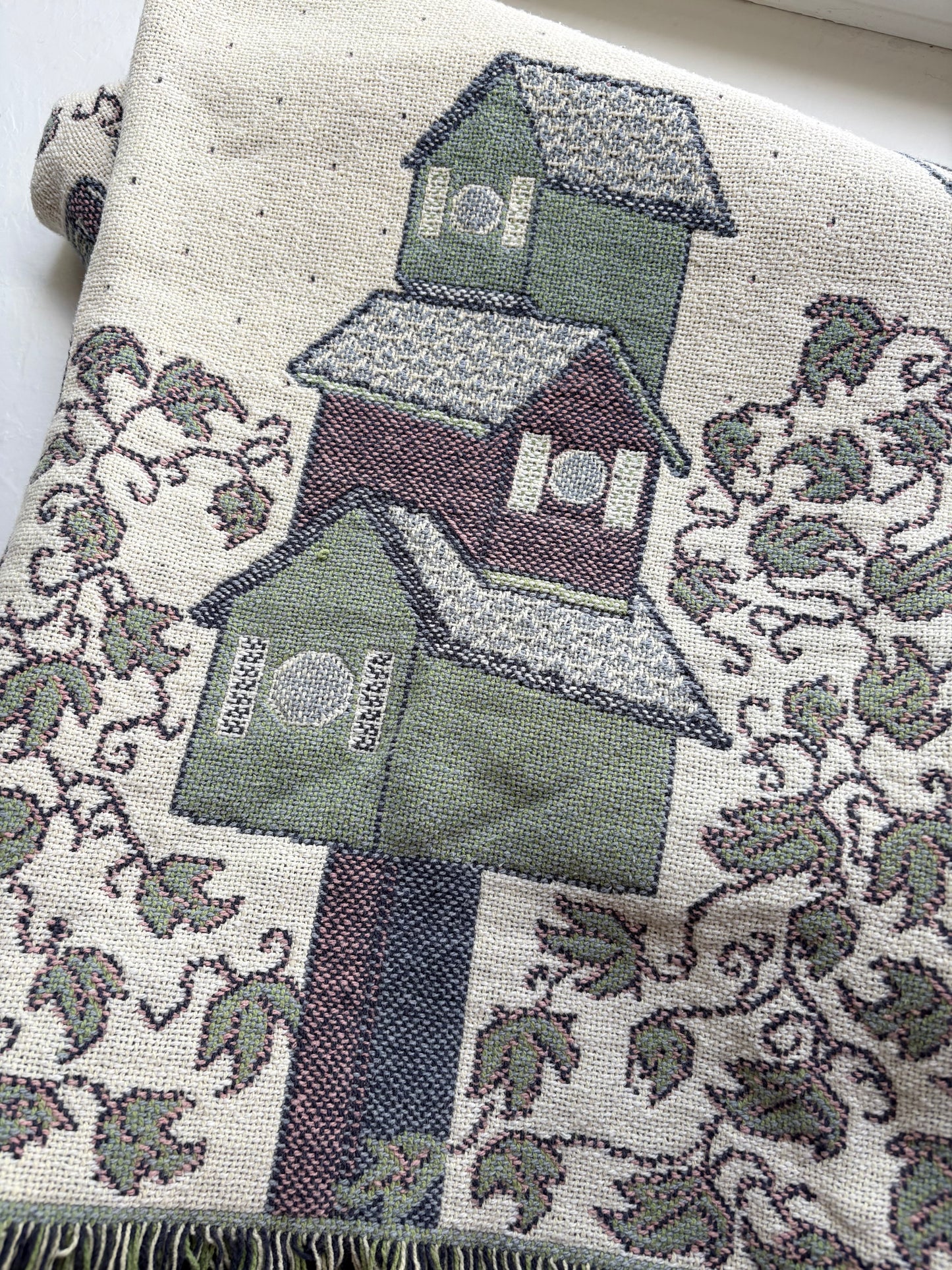 Woven Tapestry Throw Blanket with Birdhouses