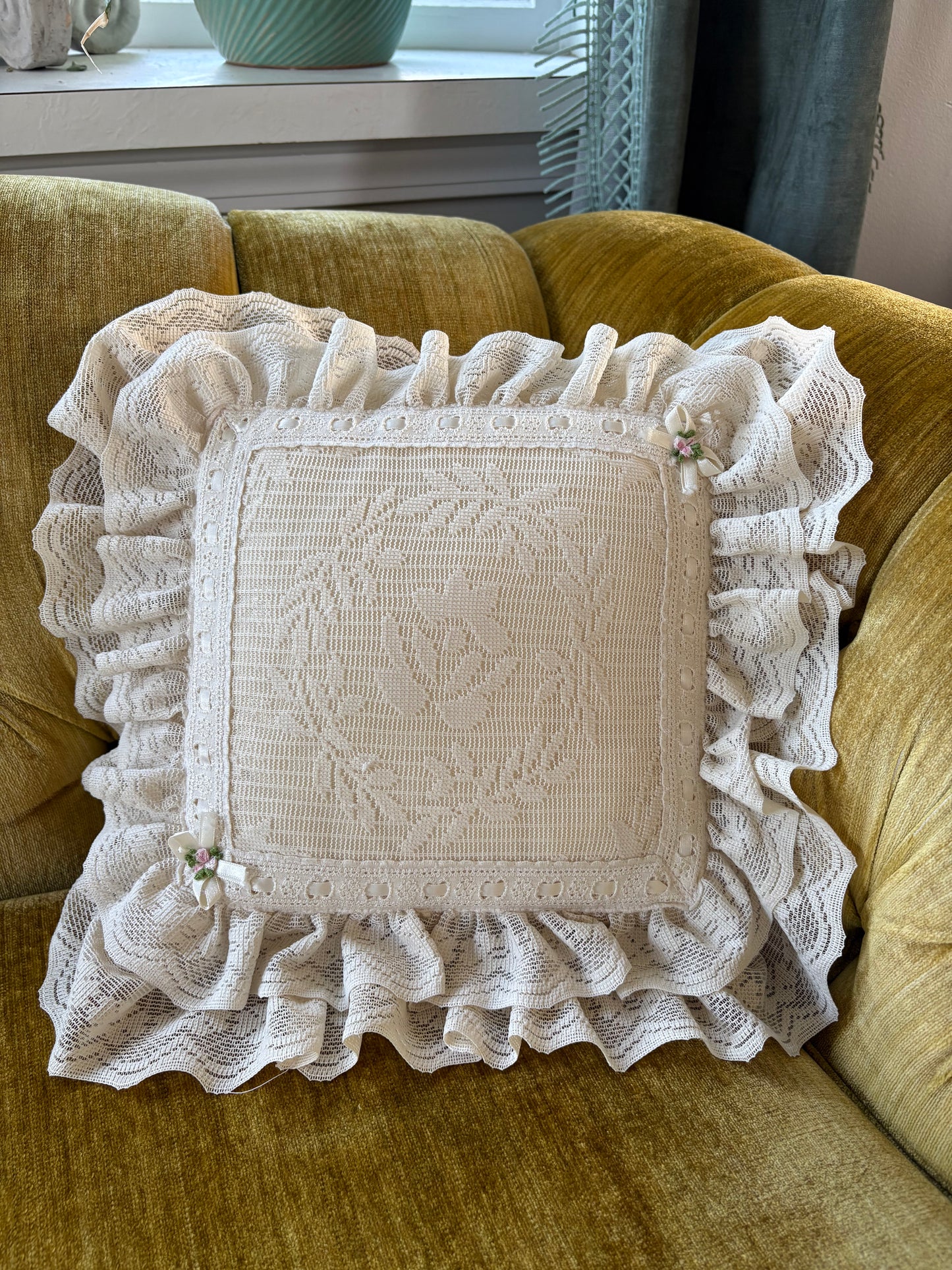 Ruffled Throw Pillow with Lace Overlay
