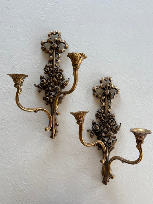 Floral & Bow Gilt Syroco Wall Sconces