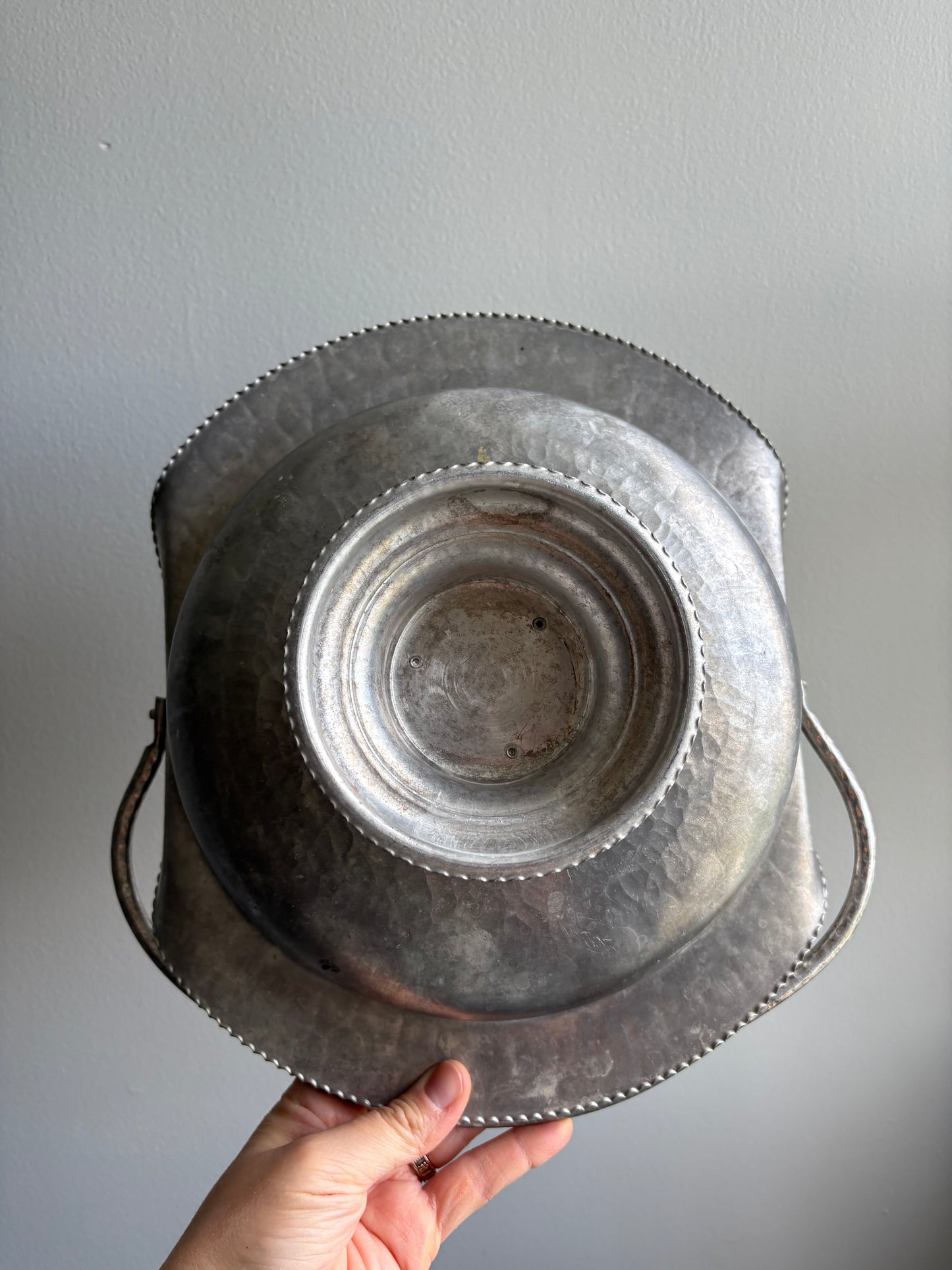 Hand Wrought Metal Pedestal Basket with Bird and Floral Design