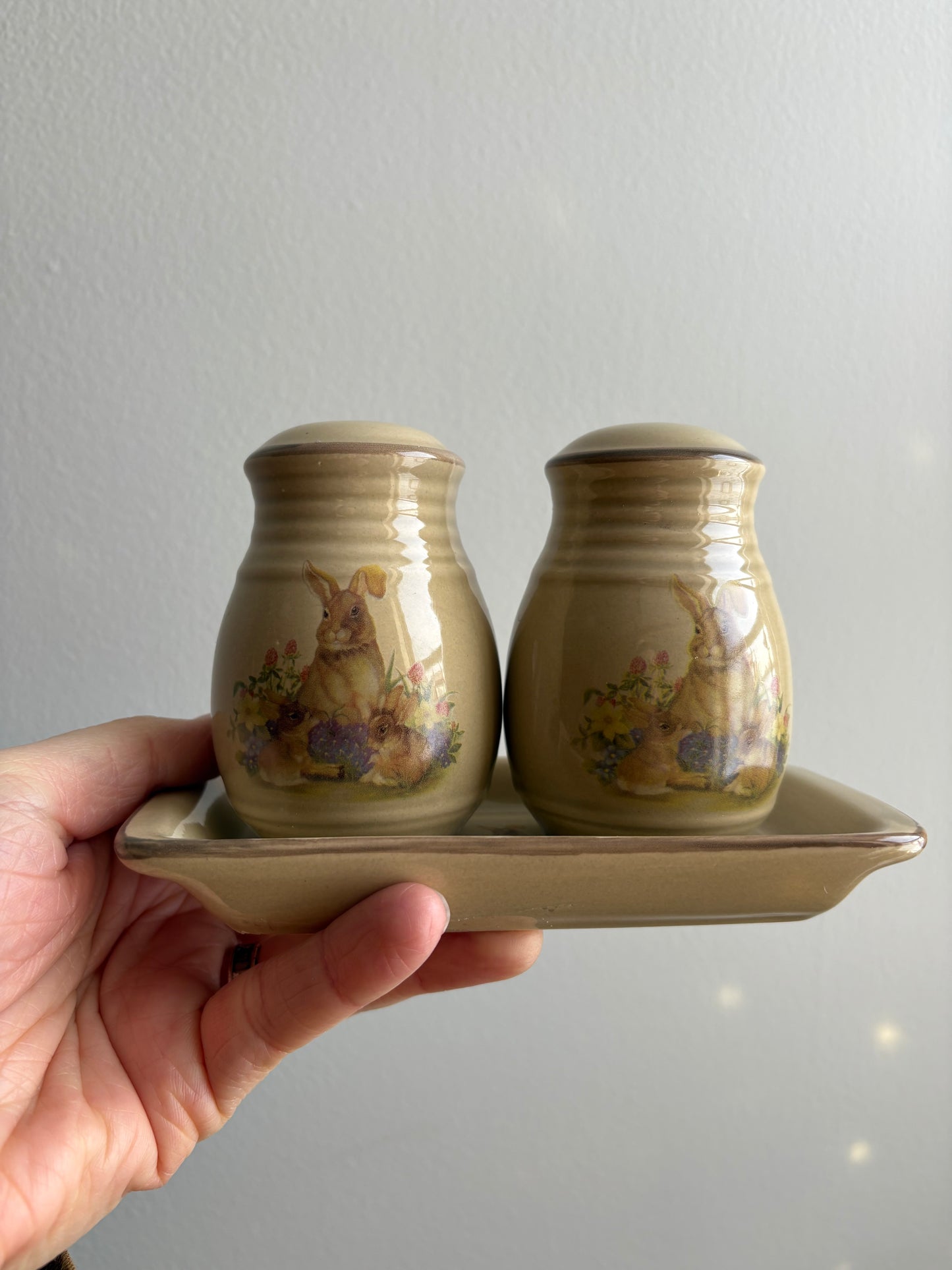 Ceramic Bunny Patch Salt and Pepper Shakers with Tray