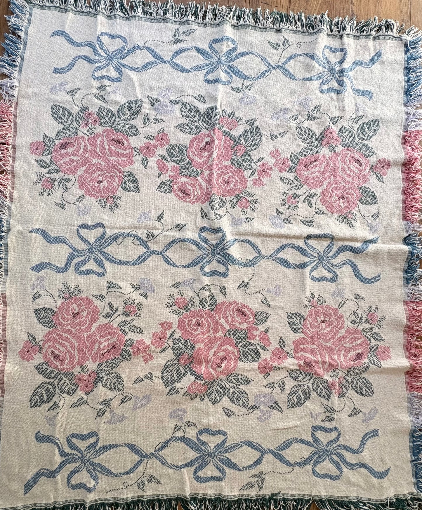 Woven Tapestry Throw Blanket with Bows and Roses