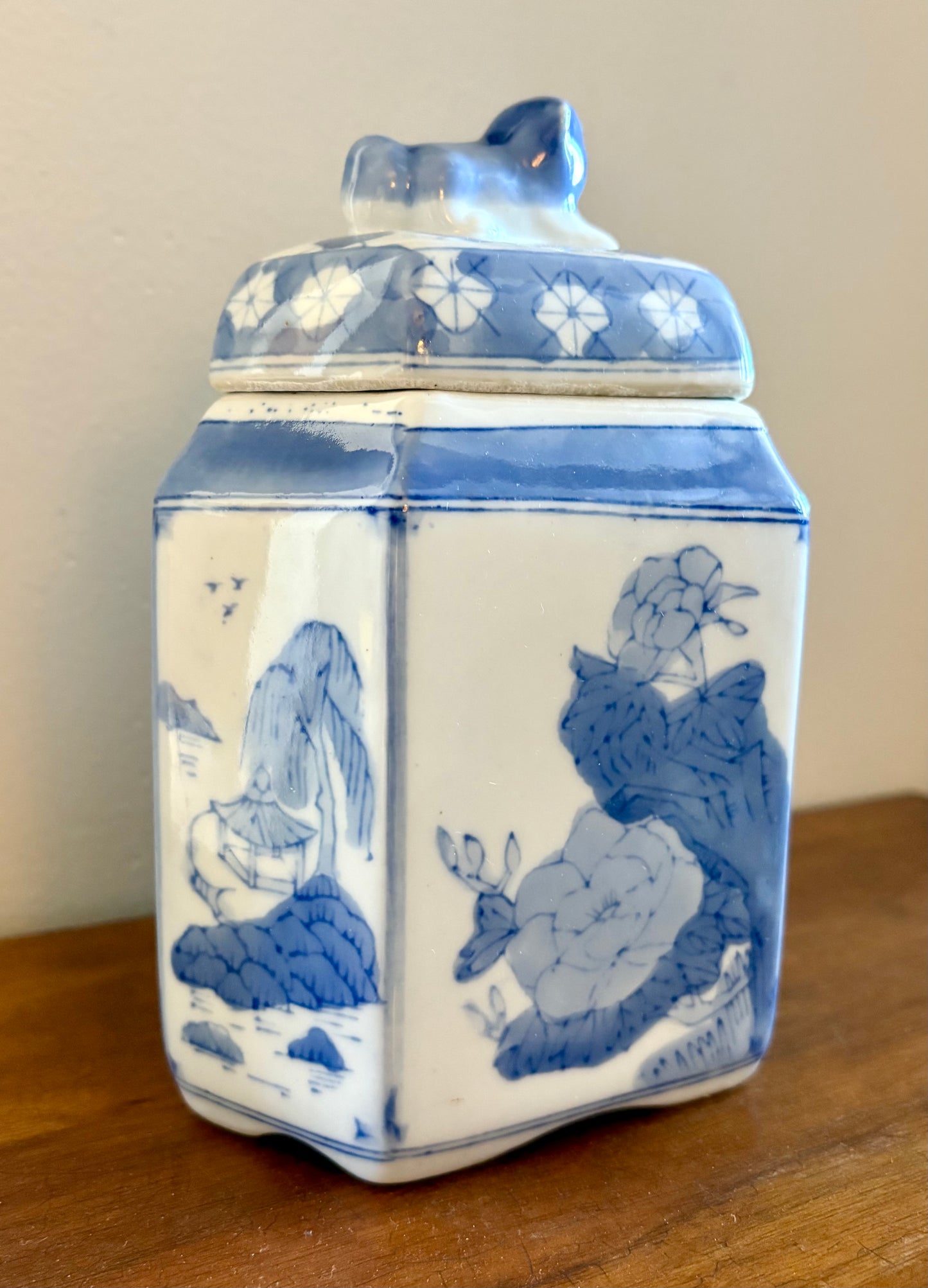 Blue and White Hexagonal Tea Jar