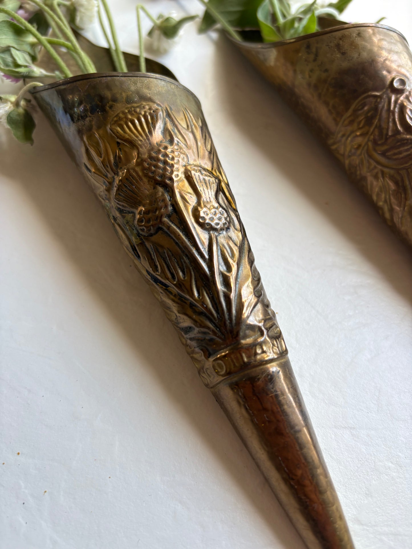 Hammered Brass Wall Vases with Floral Motif