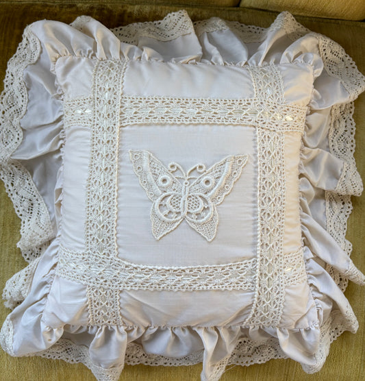 Ruffled Throw Pillow with Butterfly Embroidery