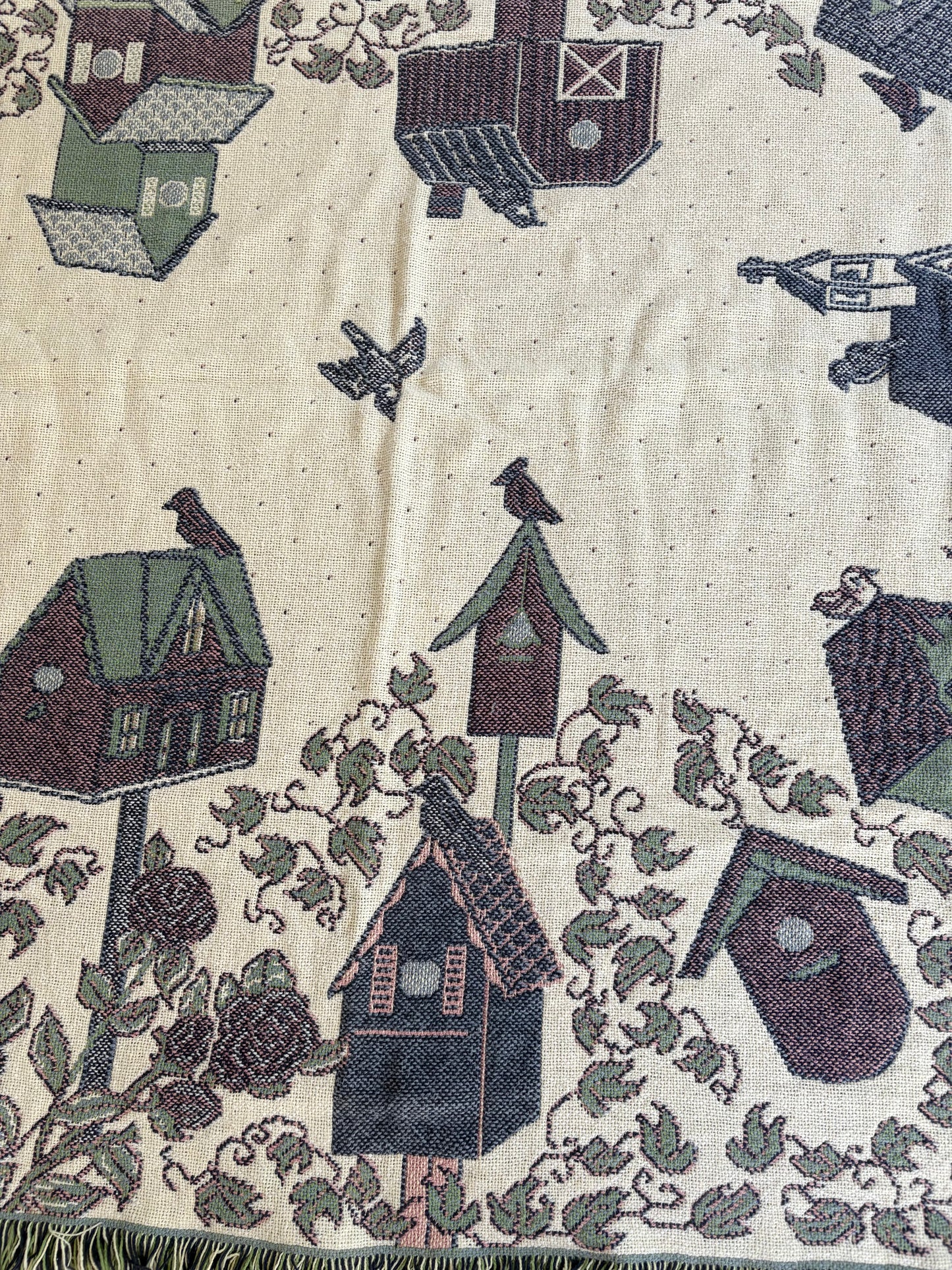 Woven Tapestry Throw Blanket with Birdhouses