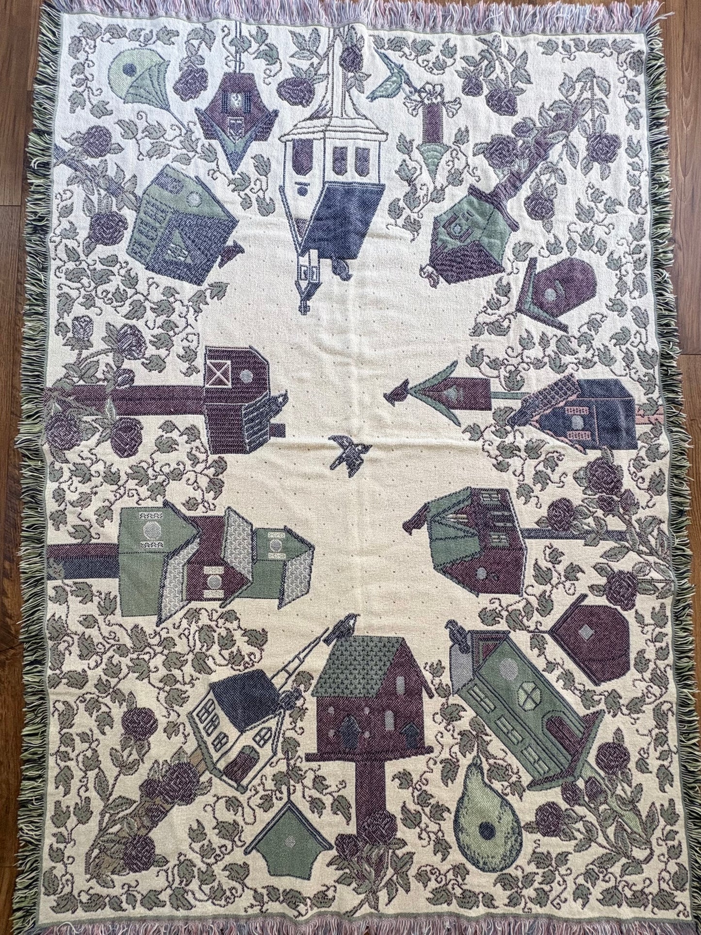 Woven Tapestry Throw Blanket with Birdhouses