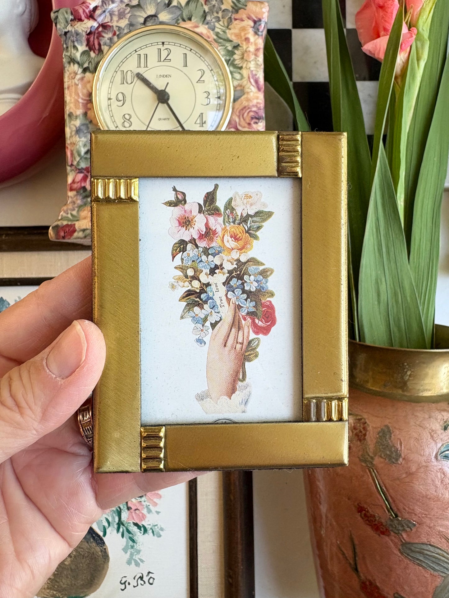 Small Brass Frame with Hand and Bouquet Print