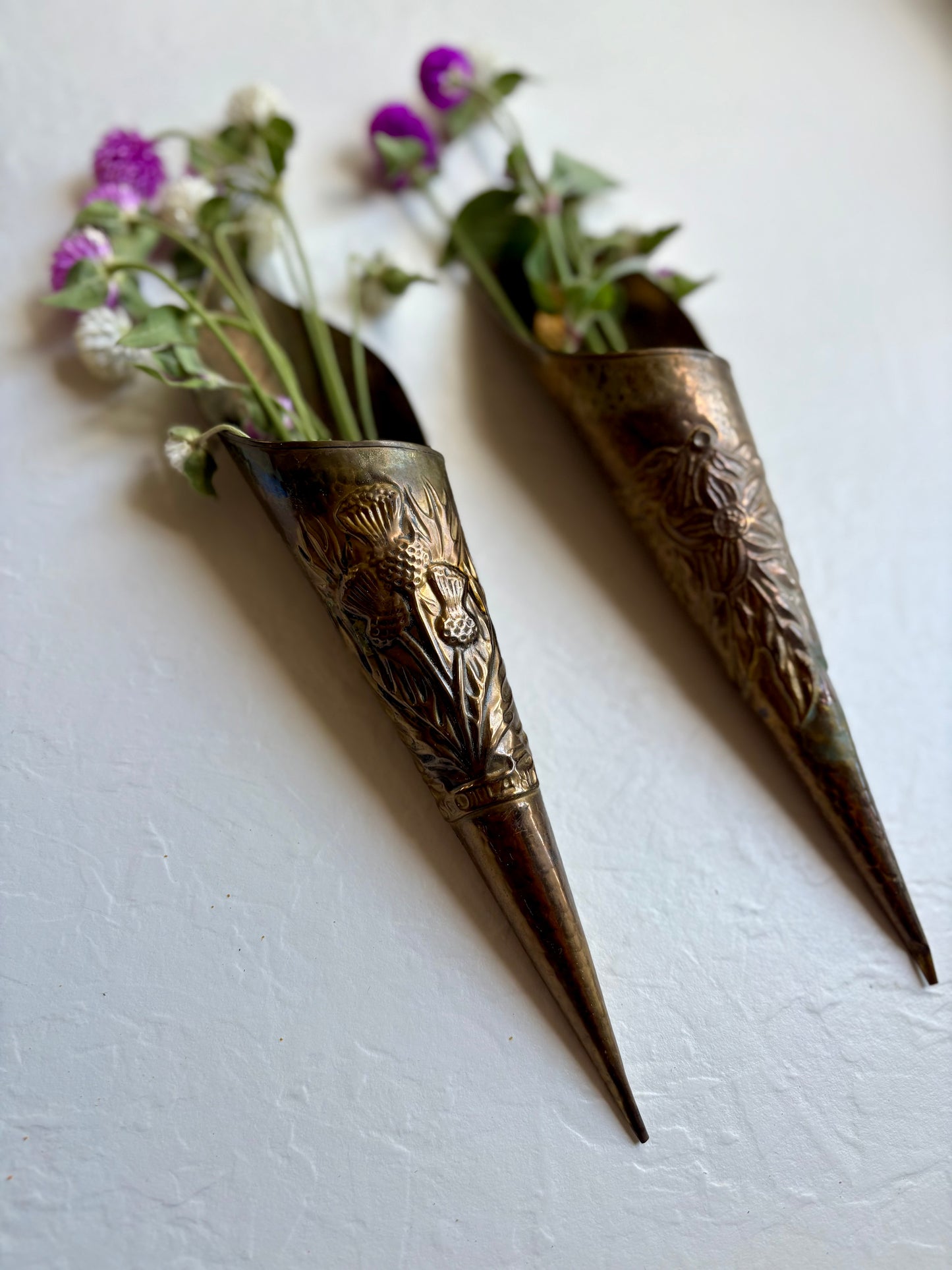 Hammered Brass Wall Vases with Floral Motif