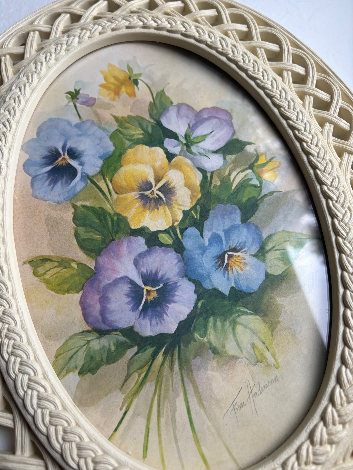 Pansy Art in White Lattice Frame