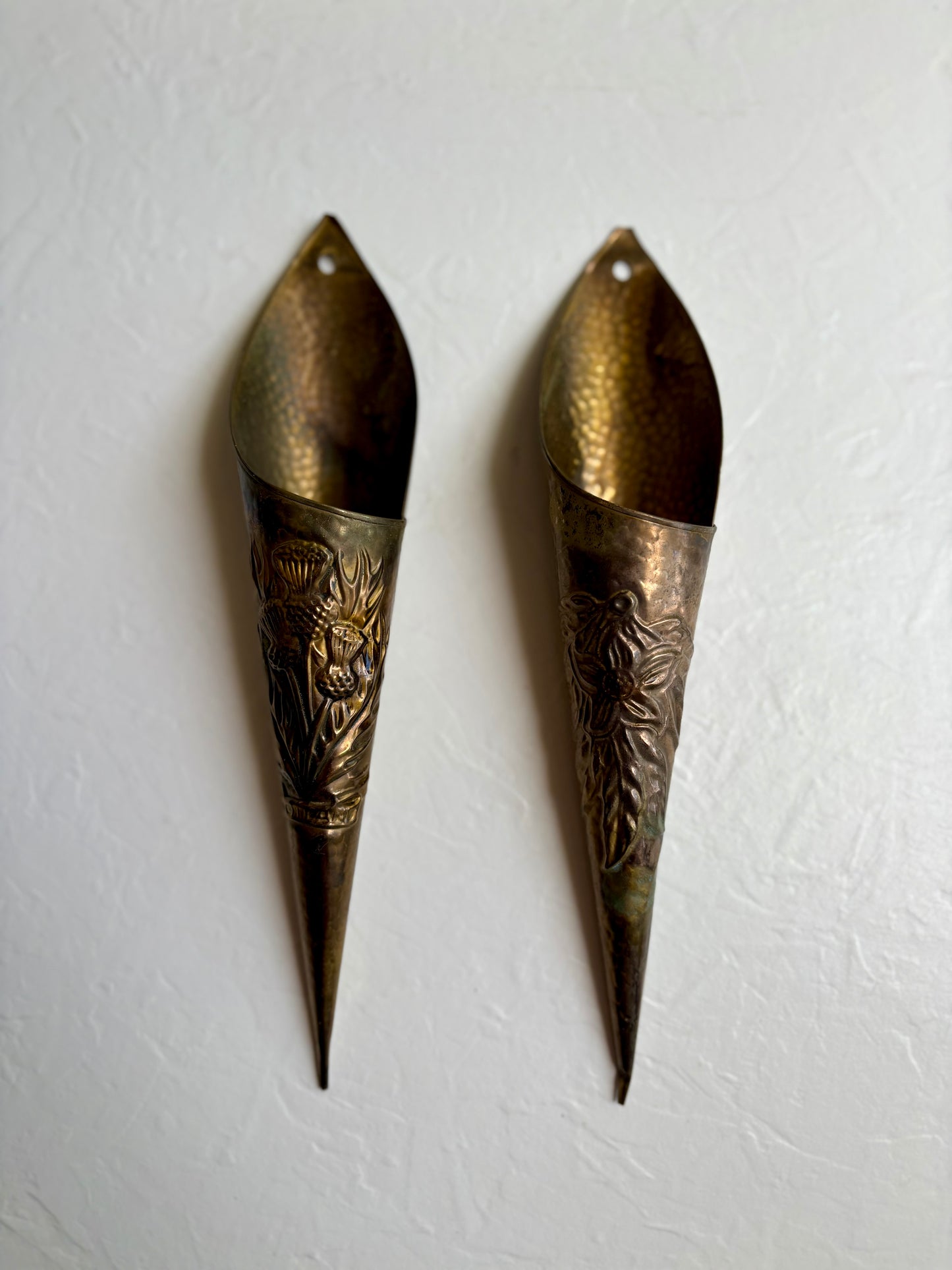 Hammered Brass Wall Vases with Floral Motif