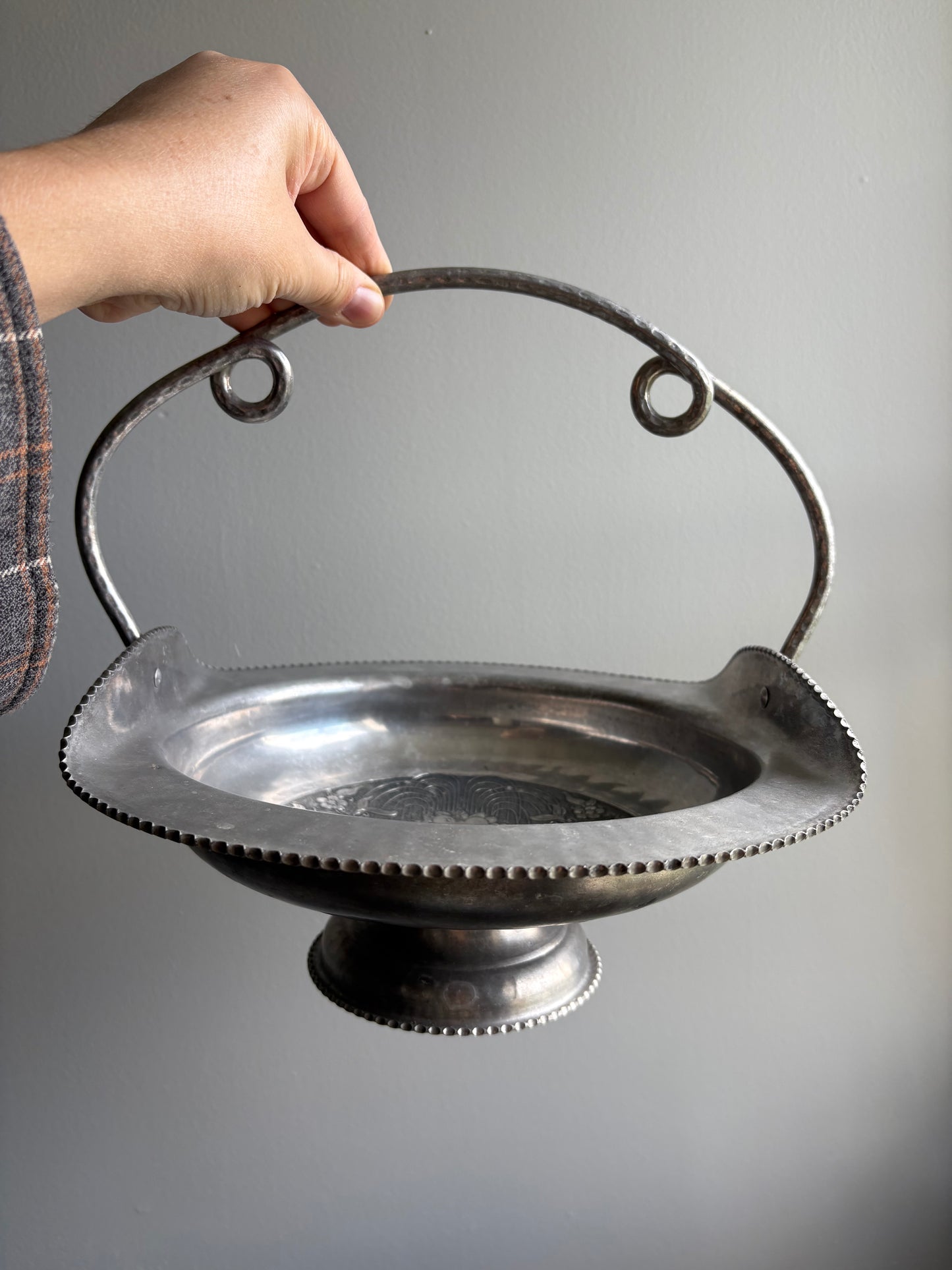 Hand Wrought Metal Pedestal Basket with Bird and Floral Design