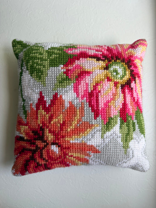 Handmade Needlepoint Dahlia Pillow