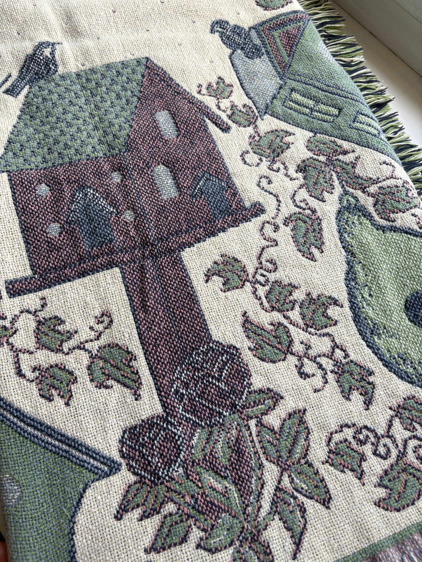 Woven Tapestry Throw Blanket with Birdhouses