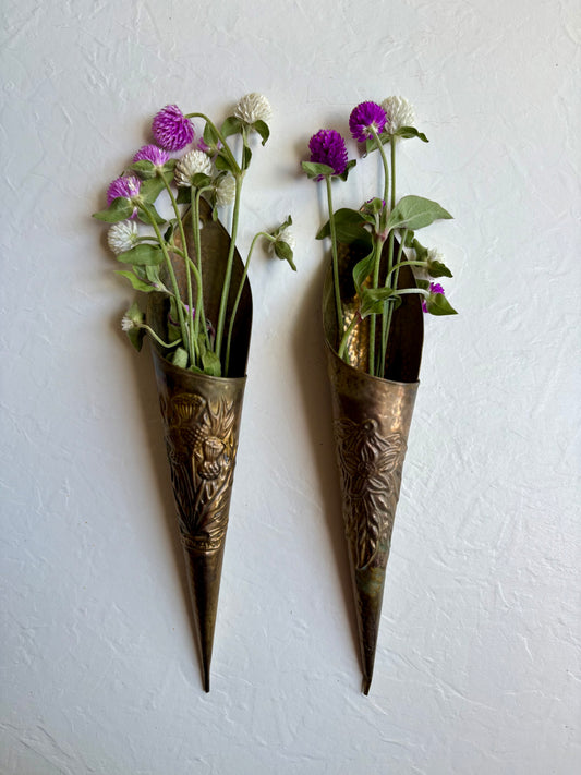 Hammered Brass Wall Vases with Floral Motif