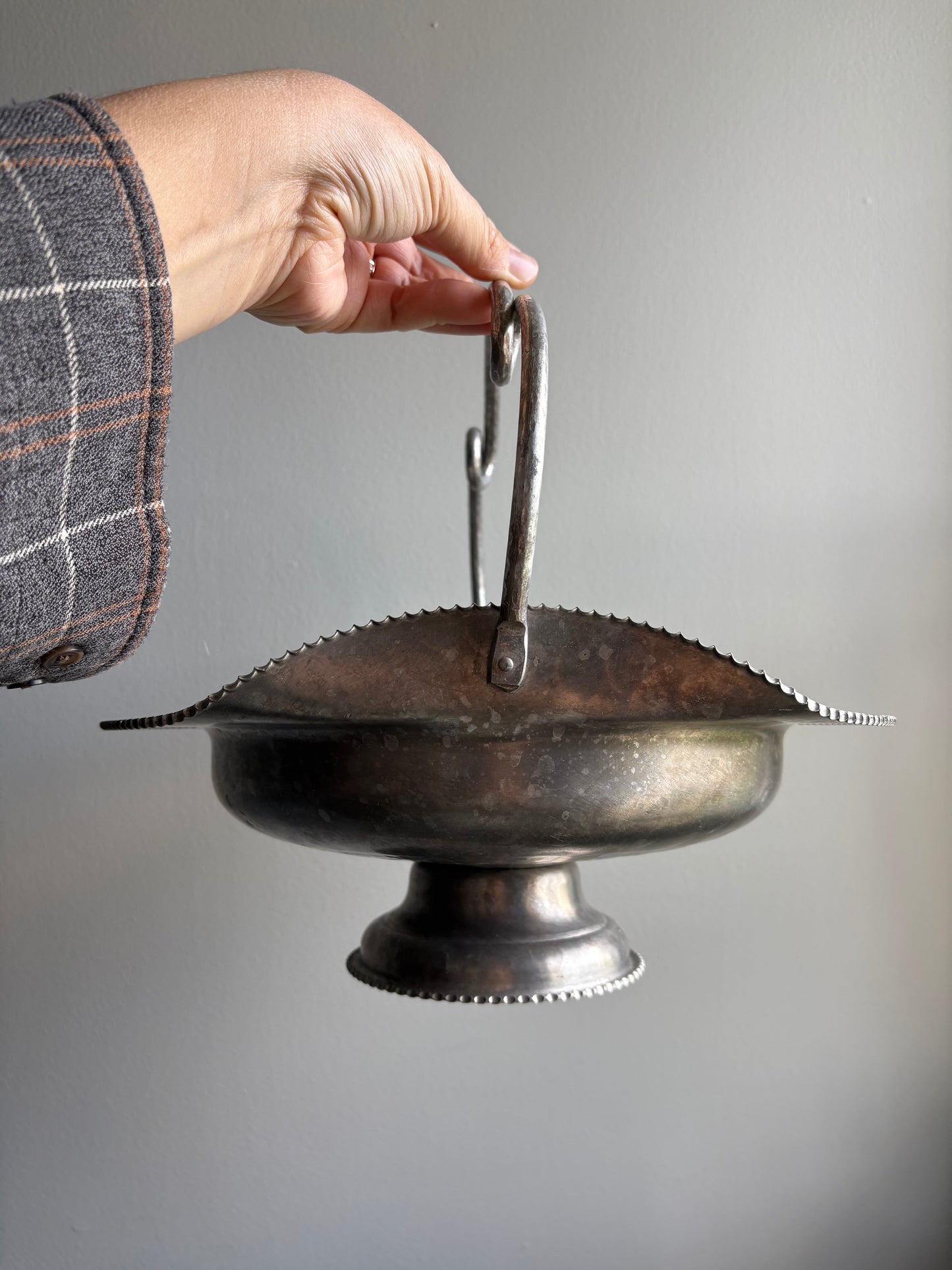 Hand Wrought Metal Pedestal Basket with Bird and Floral Design