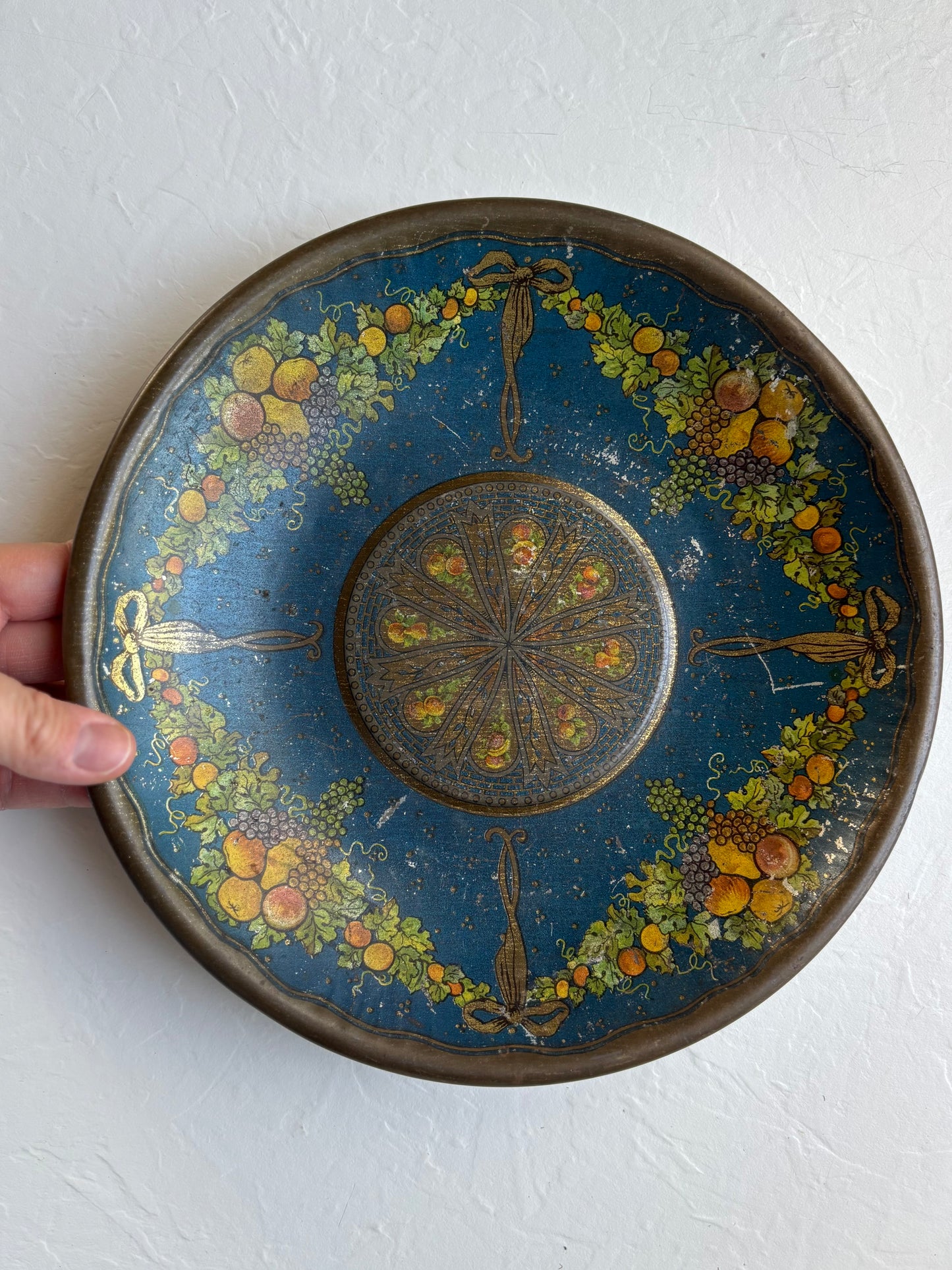 Vintage Metal Bowl with Bow and Fruit Motif