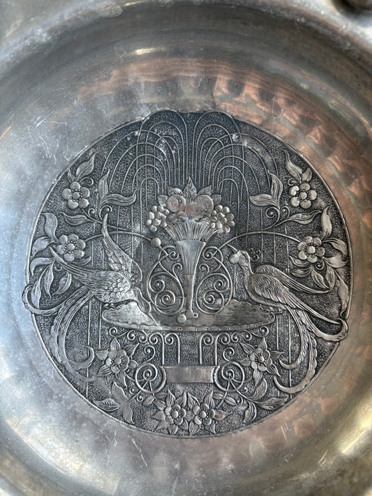 Hand Wrought Metal Pedestal Basket with Bird and Floral Design