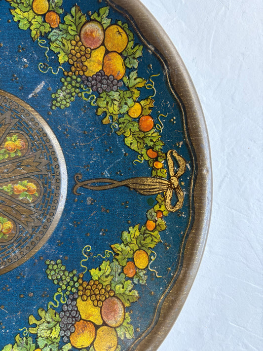 Vintage Metal Bowl with Bow and Fruit Motif