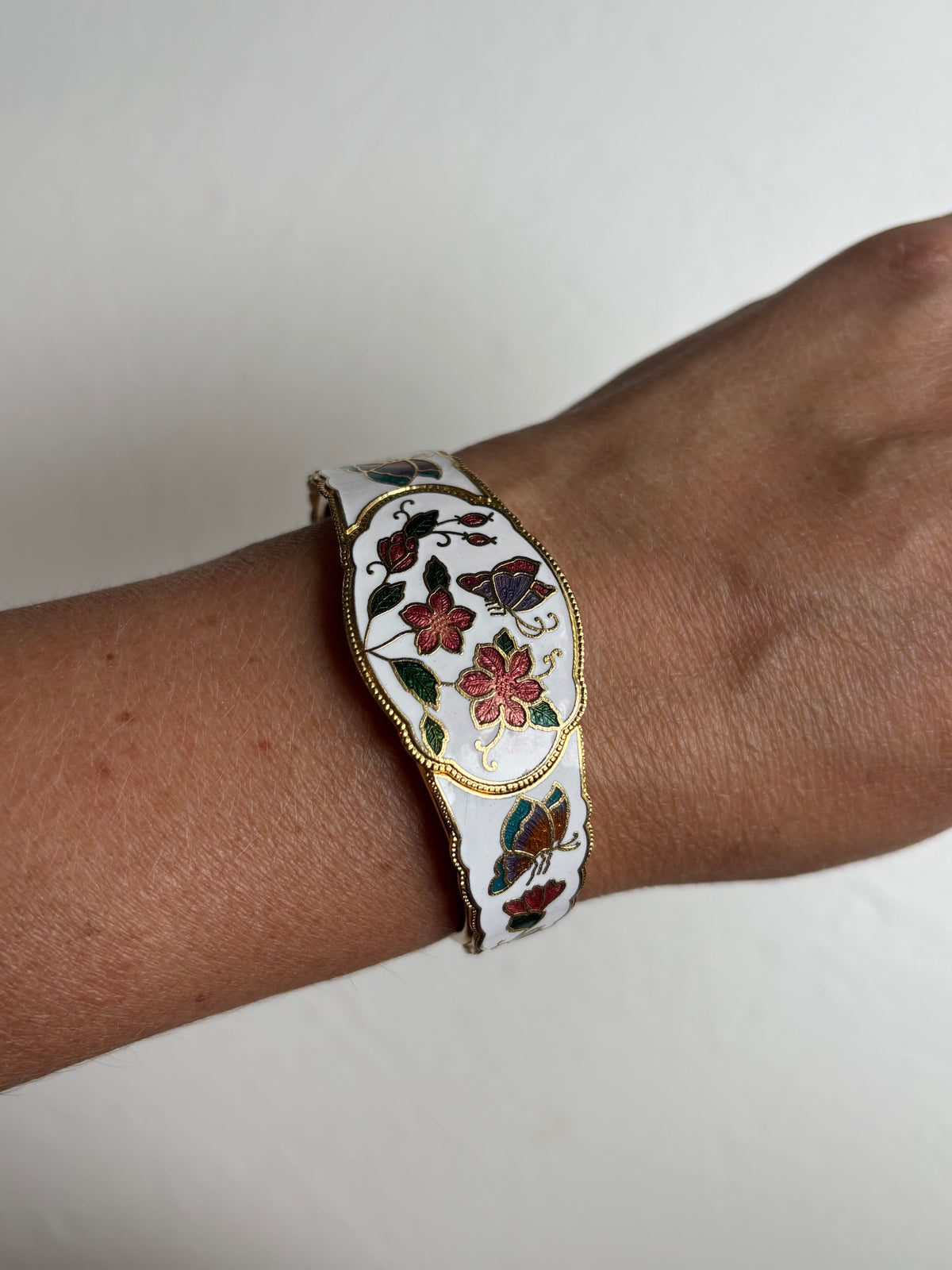 Cloisonné Butterfly and Floral Hinged Bangle