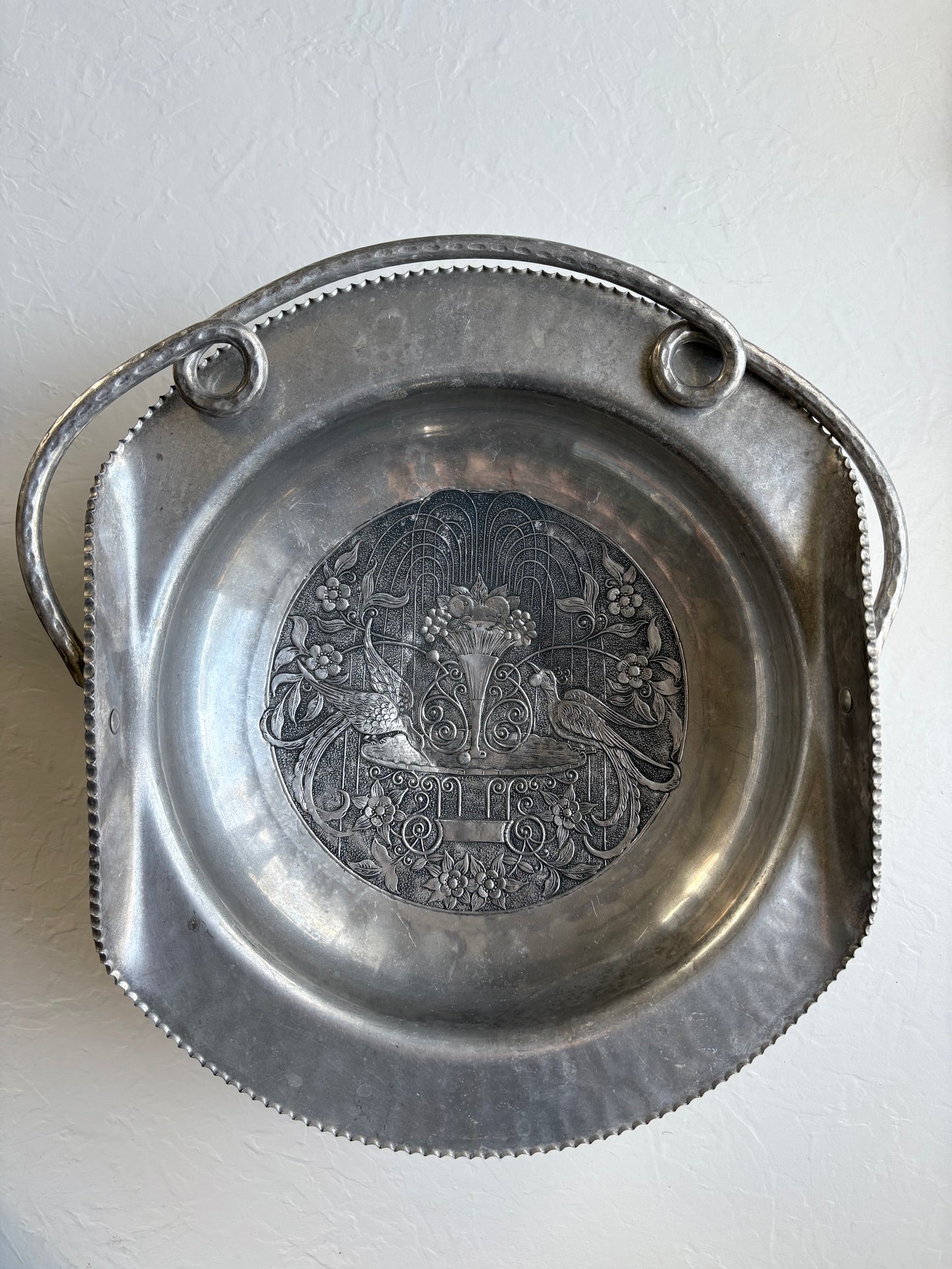 Hand Wrought Metal Pedestal Basket with Bird and Floral Design