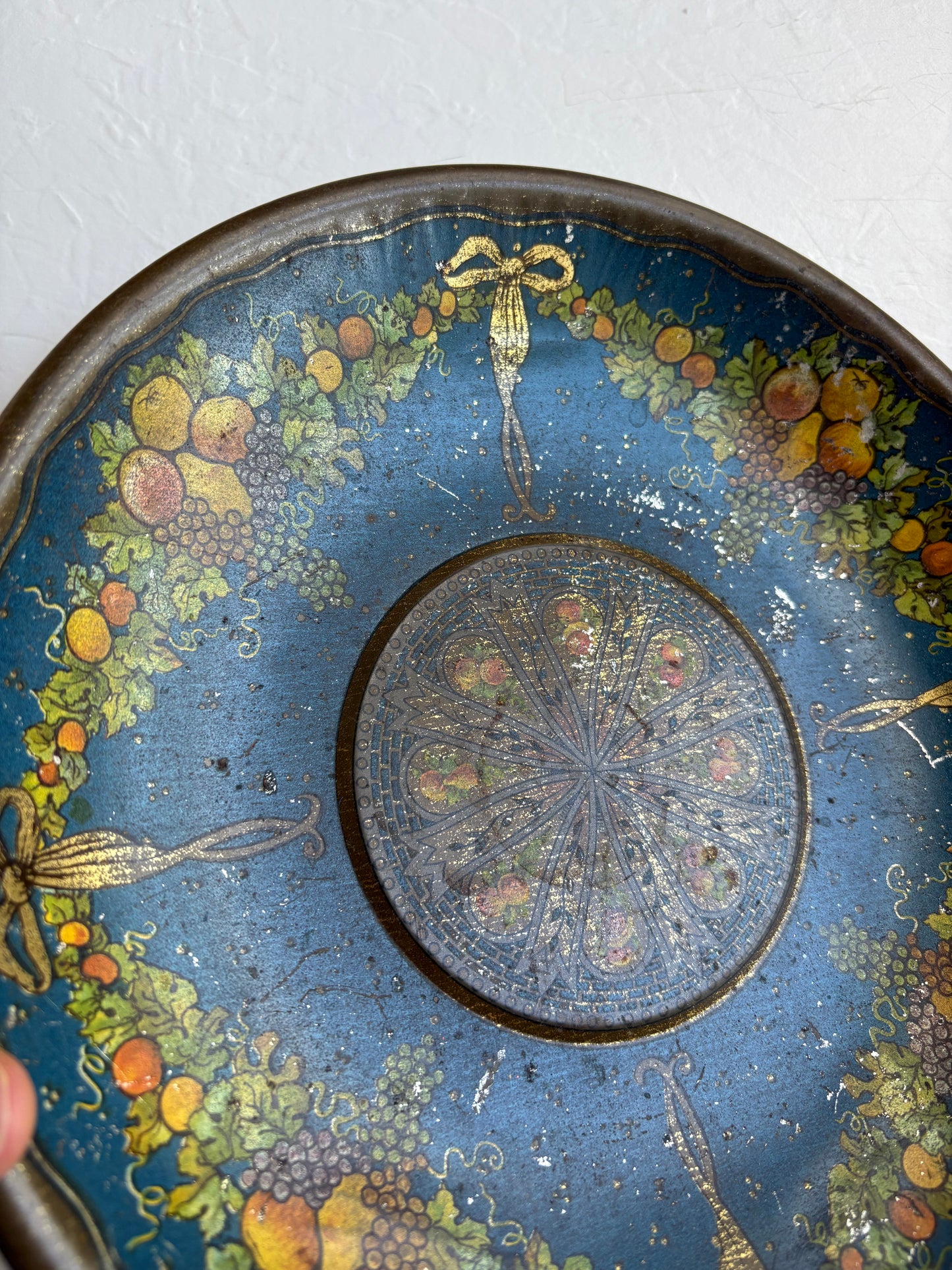 Vintage Metal Bowl with Bow and Fruit Motif