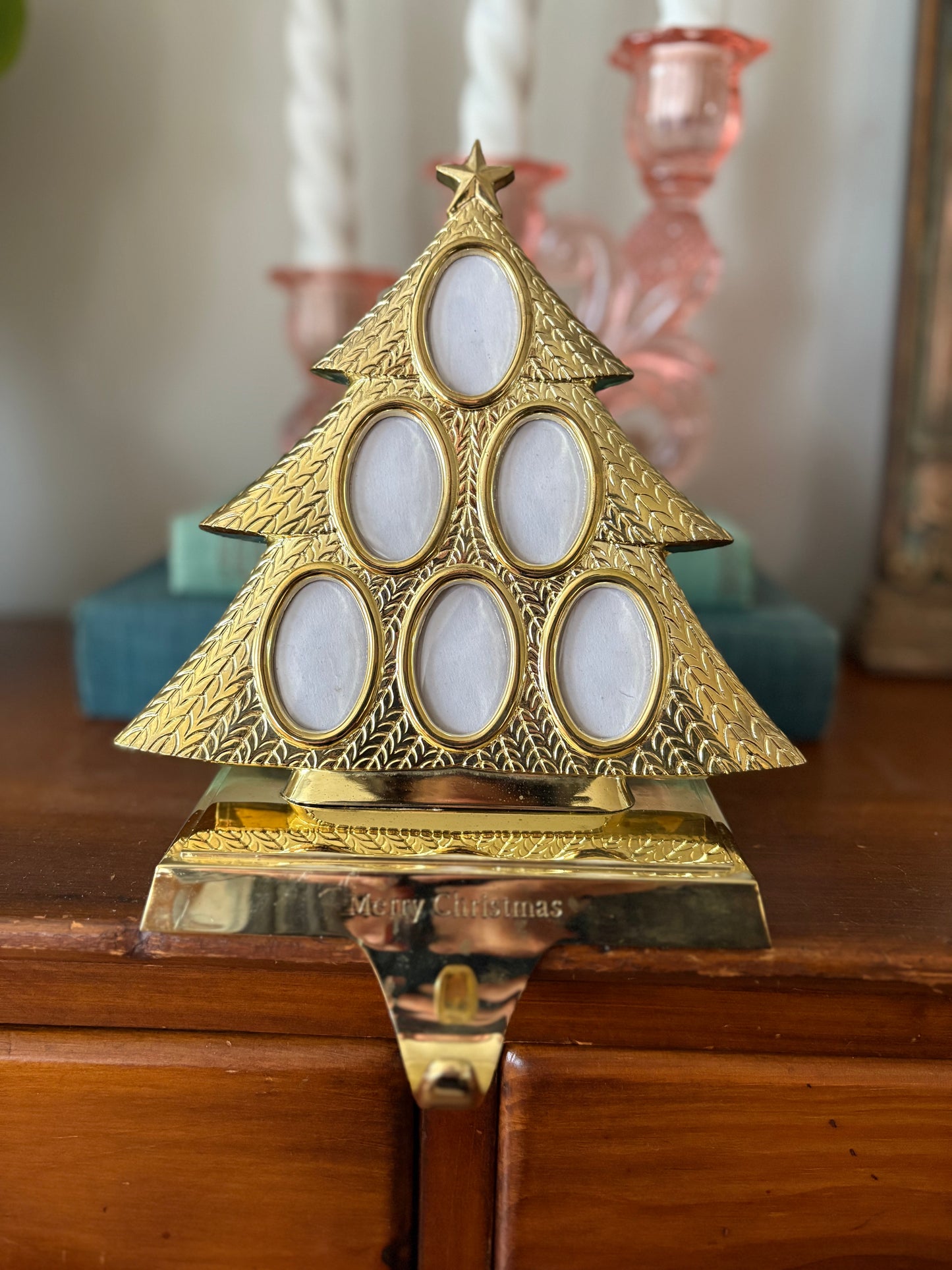 Brass Christmas Tree Photo Frame Stocking Holder